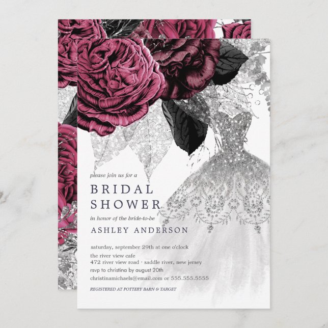 Marsala Silver Floral Wedding Dress Bridal Shower Invitation (Front/Back)
