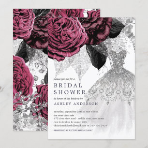 Marsala Silver Floral Wedding Dress Bridal Shower Invitation