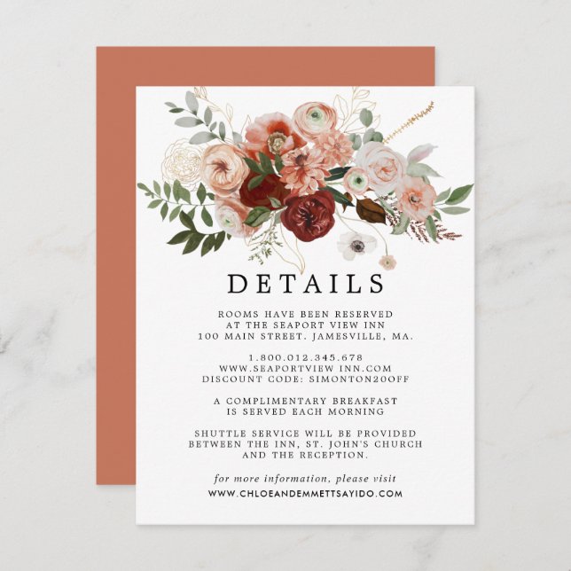 Marsala Terracotta Floral Wedding Guest Details Enclosure Card (Front/Back)