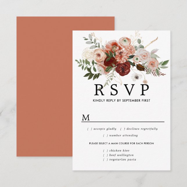 Marsala Terrocotta Wedding RSVP Card, Meal Options Card (Front/Back)