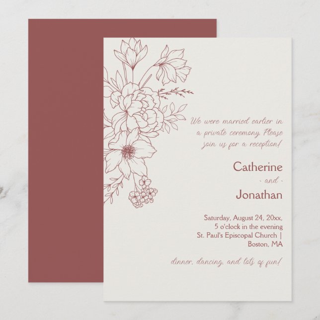 Marsala Vintage Line Drawn Floral Reception Invitation (Front/Back)
