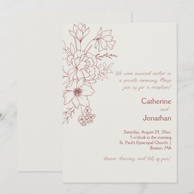 Marsala Vintage Line Drawn Floral Reception Invitation (Front/Back)