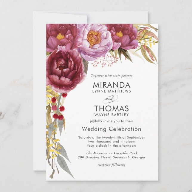 Marsala Watercolor Floral Wedding Invitation (Front)