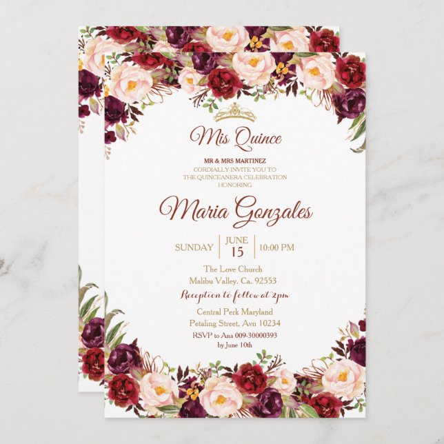 Marsala Watercolor Quinceanera Invitation (Front/Back)