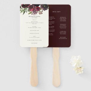 Marsala Wine Red Watercolor Floral Wedding Program Hand Fan