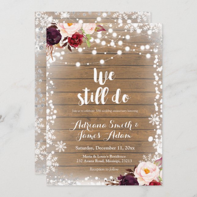 Marsala Winter Snowflakes Wedding Anniversary Invitation (Front/Back)
