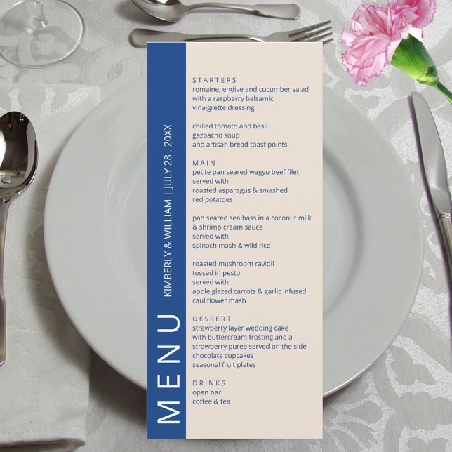 Marseille Bleu Modern Rehearsal Dinner Wedding Menu (Marseille Bleu Modern Wedding Menu Card - Custom Wedding Reception Rehearsal Dinner Menu)