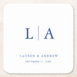 Marseille Bleu Monogram Elegant Simple Wedding Square Paper Coaster<br><div class="desc">Beautiful,  elegant and simple,  Marseille Bleu minimalist wedding coasters. Fully customisable with monogram/initials,  names,  date and colours to match your wedding theme.</div>