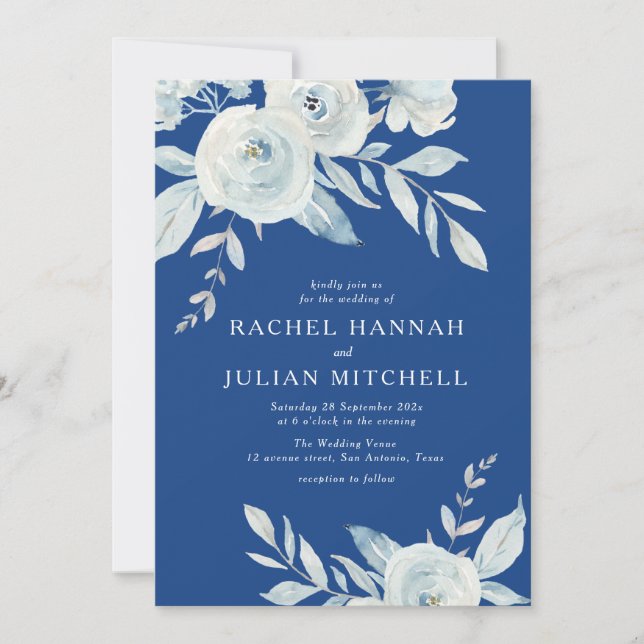 Marseille blue watercolor floral wedding invitation (Front)