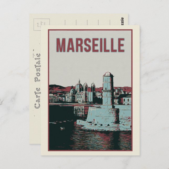 Marseille Cathedral and port illustration France Postcard (Front/Back)