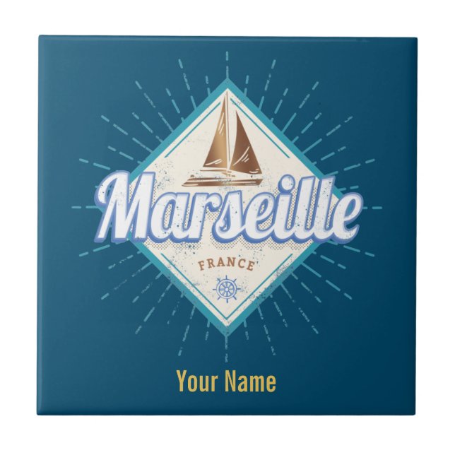 Marseille city France retro sailing ship vintage Tile (Front)