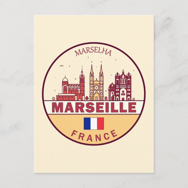 Marseille France City Skyline Emblem Postcard (Front)