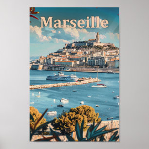 Marseille France Vintage Retro Travel Illustration Poster