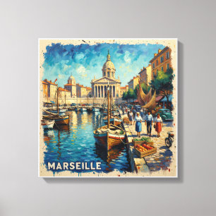 Marseille Harbor Vintage Port Stretched Canvas Print