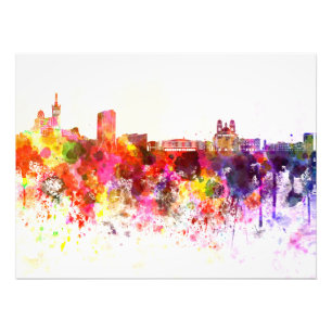Marseilles skyline in watercolor background photo print