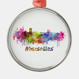 Marseilles skyline in watercolor metal tree decoration
