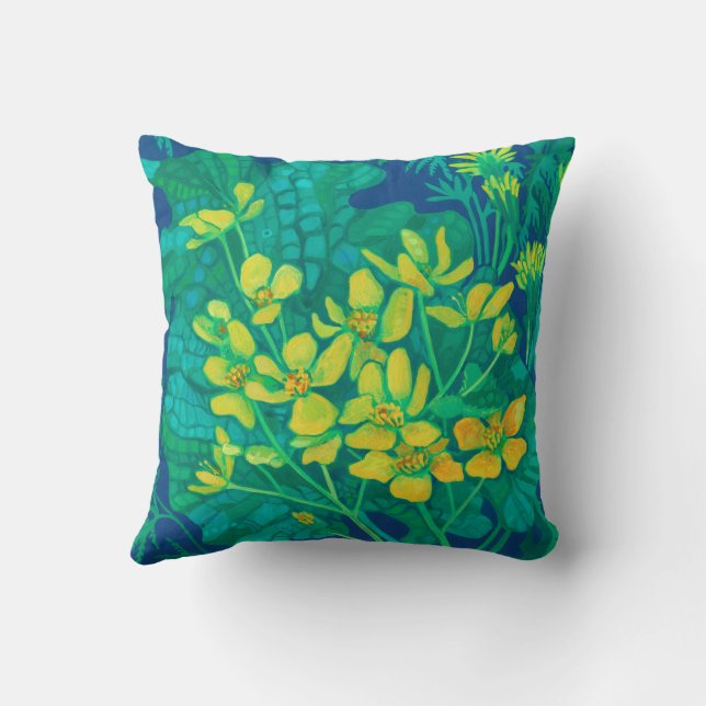 Marsh Marigold Summer Wildflowers Floral Painting Cushion (Back)