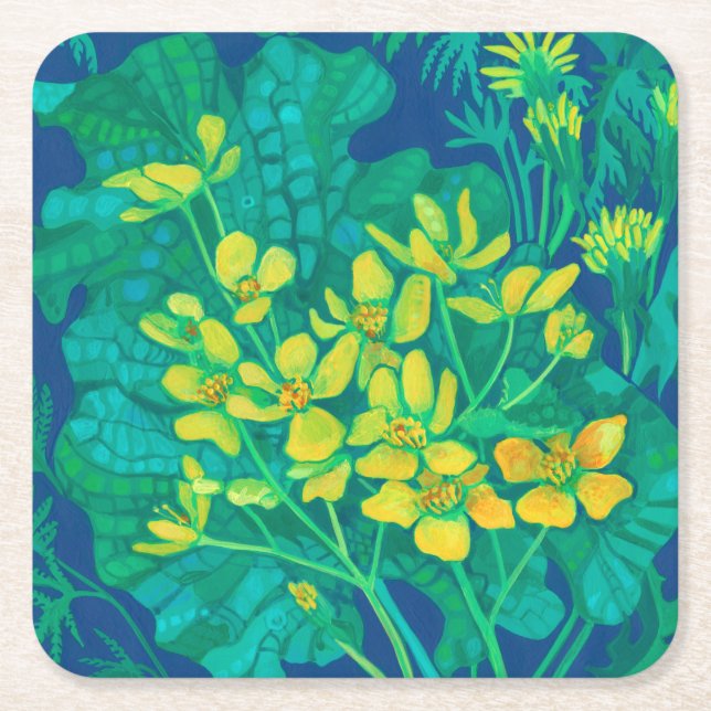 Marsh Marigold Summer Wildflowers Floral Painting Square Paper Coaster (Front)