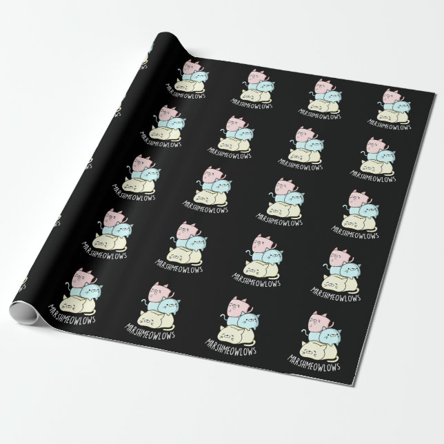 Marsh-meow-lows Funny Cat Marshmallow Pun Dark BG Wrapping Paper (Unrolled)