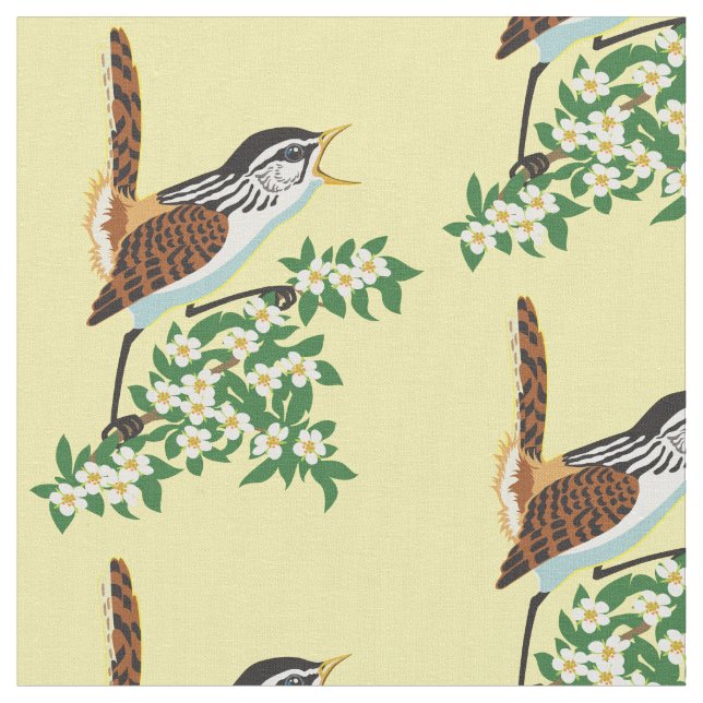 Marsh wren songbird fabric (Close Up)