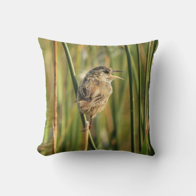 Marsh Wren Throw Pillow (Front)