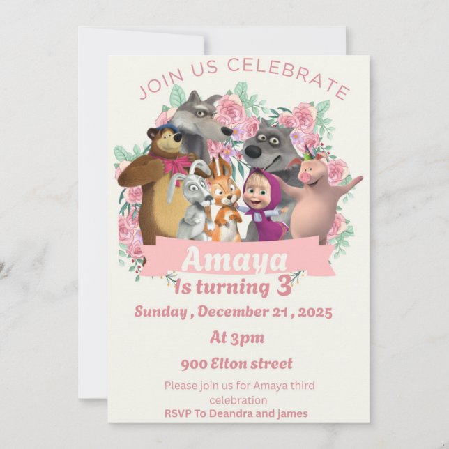 Marsha & Bear birthday invitation theme (Front)