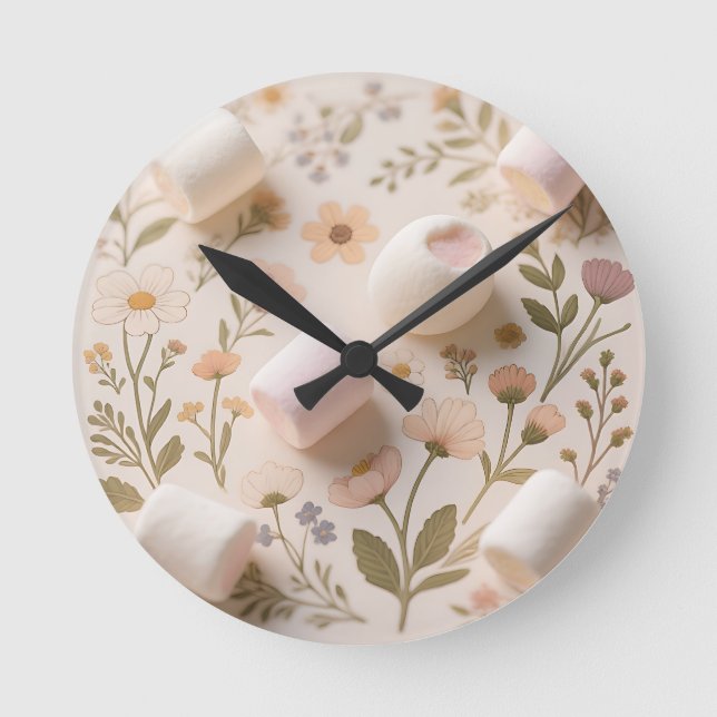 Marshmallow Floral Pastel Pattern Round Clock (Front)