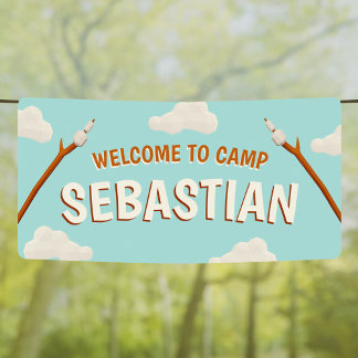 Marshmallows Blue Welcome Camping Birthday Party Banner