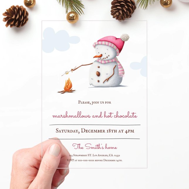 Marshmallows Hot Chocolate Snowman Holiday Acrylic Invitations (Creator Uploaded)