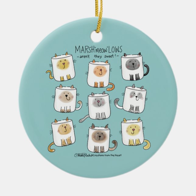 MARSHmeowLOWS Whimsical Wordplay Cat Marshmallows Ceramic Tree Decoration (Front)