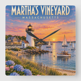 Martha’s Vineyard Sunset Lighthouse Massachusetts Square Wall Clock