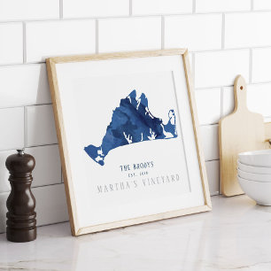 Marthas Vineyard Blue Map Family Established Poster