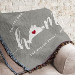 Martha's Vineyard Home Town Personalised Throw Blanket<br><div class="desc">Show some hometown pride with this cute rustic grey throw blanket featuring "home" in white calligraphy script lettering with a silhouette map of Martha's Vineyard standing in for the letter "O." A red heart illustration inside the state map completes the design; you can change the position of the heart to...</div>