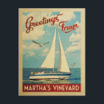 Martha's Vineyard Postcard Sailboat Vintage Travel<br><div class="desc">This Greetings From Martha's Vineyard Massachusetts vintage travel nautical design features a boat sailing on the water with seagulls and a blue sky filled with gorgeous puffy white clouds.</div>