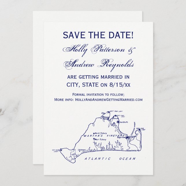 Martha's Vineyard Vintage Map #1 Navy Blue Invitation (Front/Back)