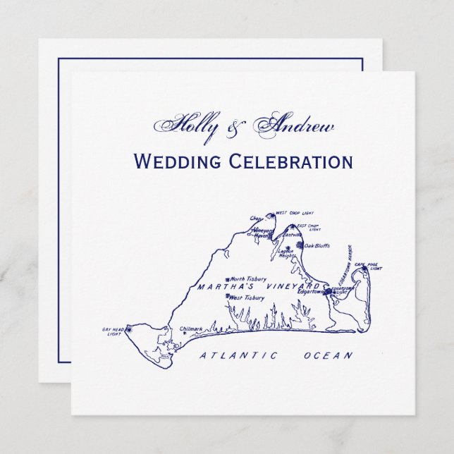 Martha's Vineyard Vintage Map #1 Navy Blue Invitation (Front/Back)