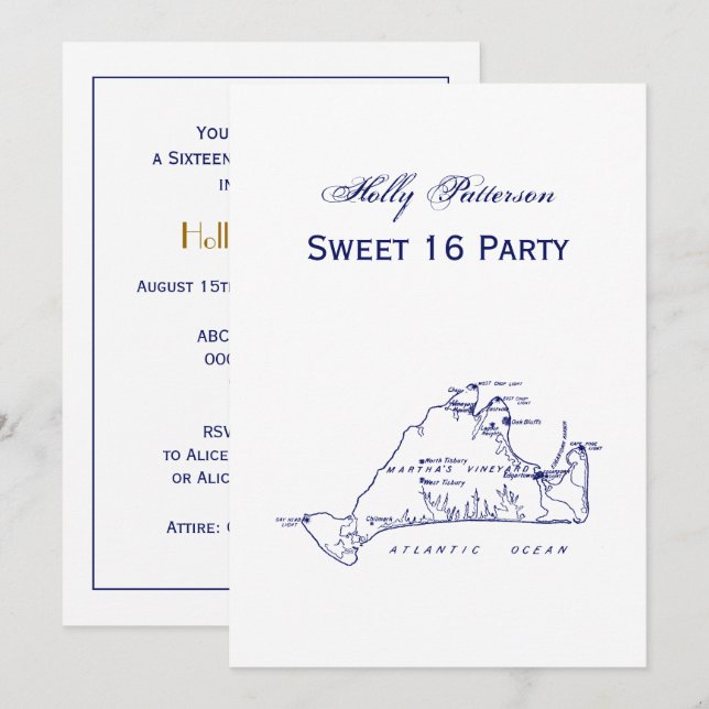 Martha's Vineyard Vintage Map #1 Navy Blue Invitation (Front/Back)