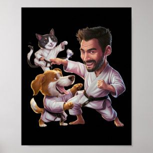 Martial Artist With Karate Dog And Cat In Action G Poster