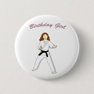 Martial Arts Birthday Girl (brunette) button badge