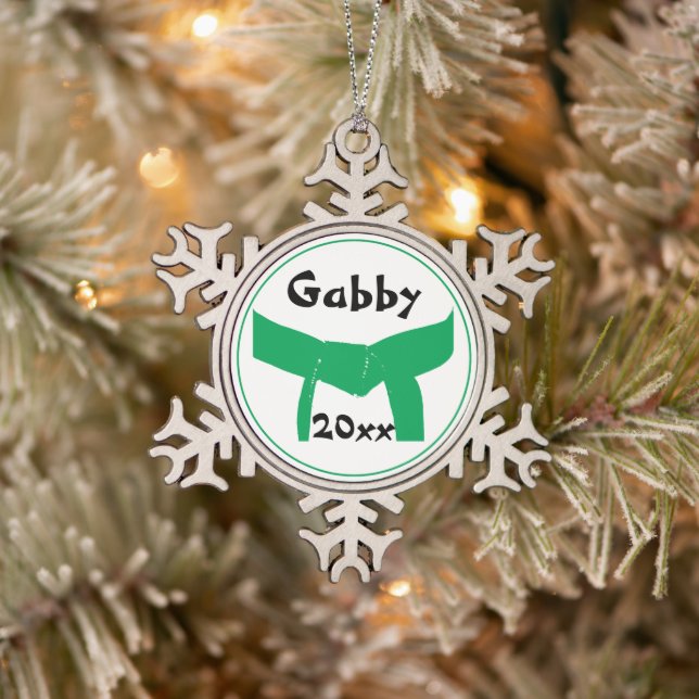 Martial Arts Green Belt Dated Snowflake Pewter Christmas Ornament (Tree)