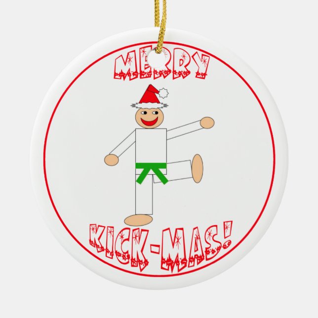 Martial Arts Merry Kick Mas Green Belt Ceramic Tree Decoration (Front)