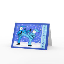 Martial Arts Snowmen Kicking Holiday Greeting Card