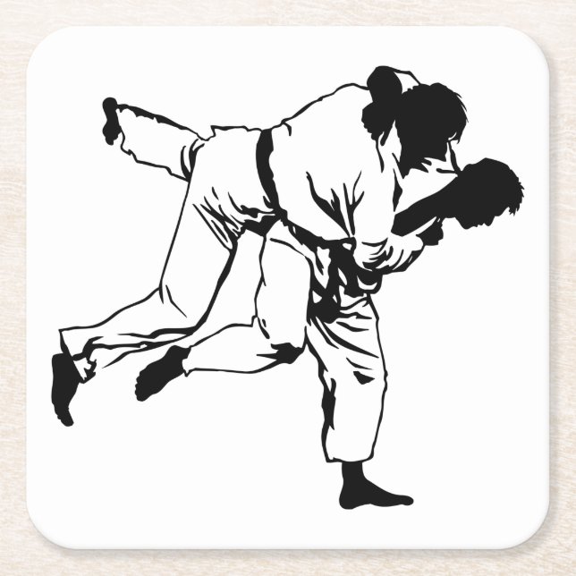 Martial Arts Sparring Silhouette Square Paper Coaster (Front)