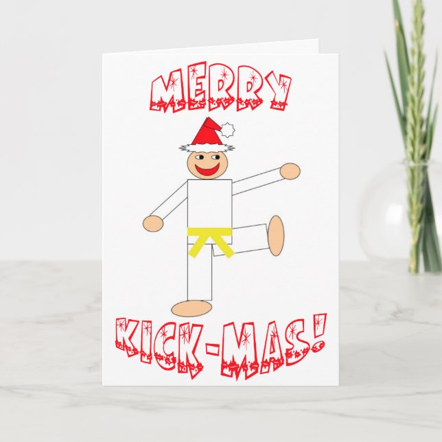 Martial Arts Yellow Belt Merry Kick-Mas Christmas Holiday Card (Front)