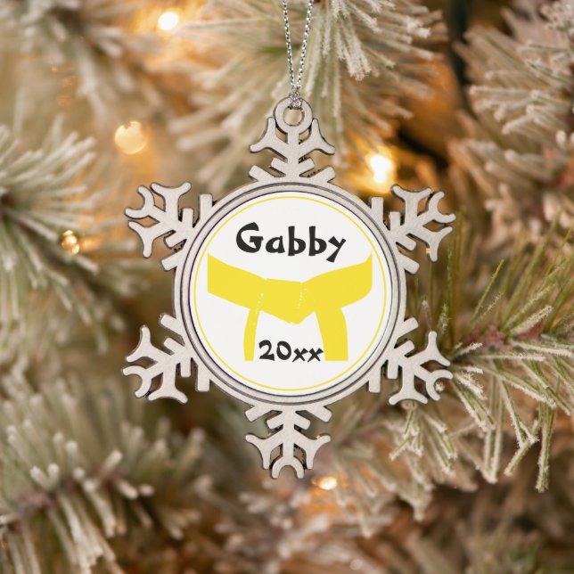 Martial Arts Yellow Belt Snowflake Pewter Christmas Ornament (Tree)