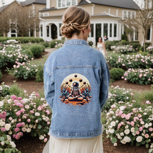 Martian Zen: Astronaut's Tranquility Denim Jacket (Wedding Back)