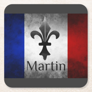 Martin Name with French Flag Square Paper Coaster