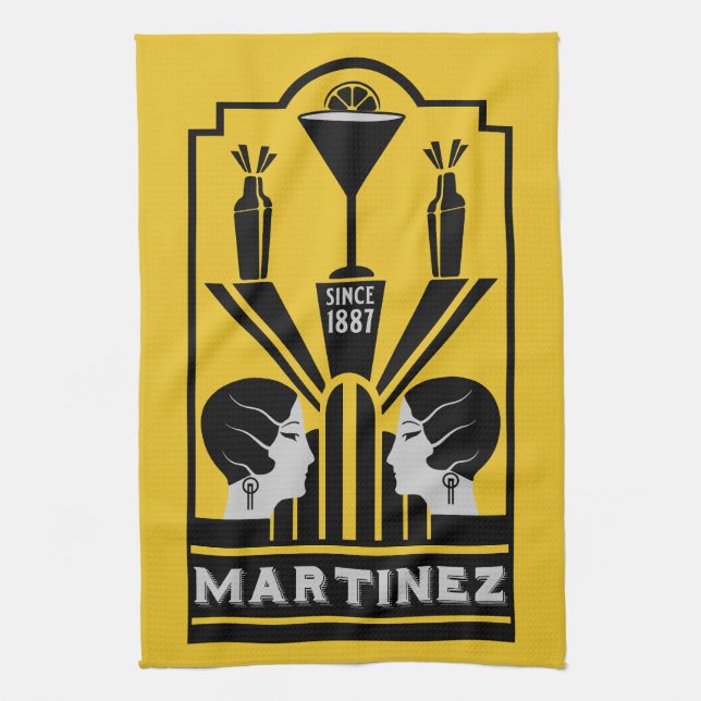 Martinez Cocktail Art Deco Tea Towel (Vertical)