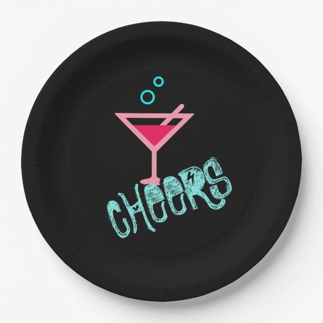 Martini - Alcohol Drink Pop Art, Pink & Turquoise Paper Plate (Front)