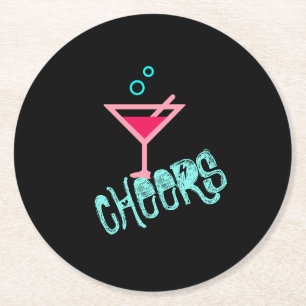 Martini - Alcohol Drink Pop Art, Pink & Turquoise Round Paper Coaster